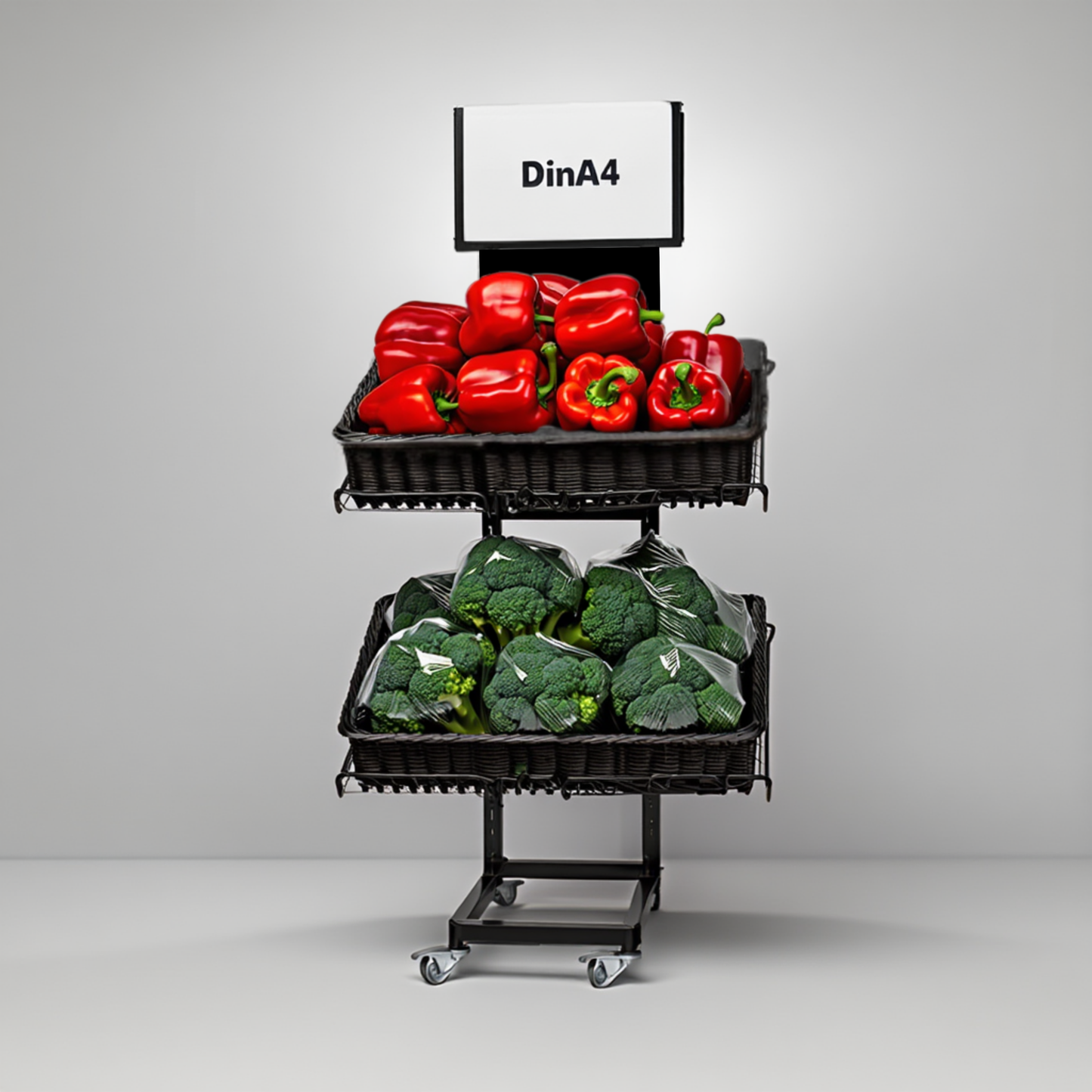 Mobiler Metall Verkaufsständer Edeka Variant 2er, Obst und Gemüse mit Rattan Körben