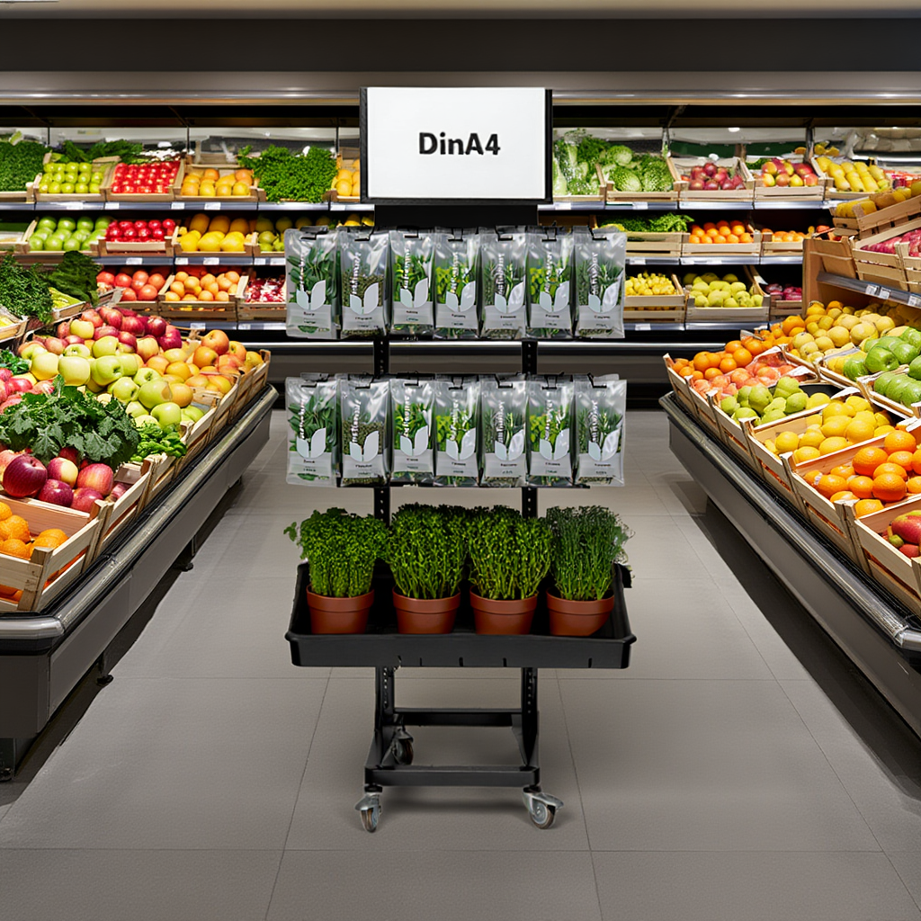 Mobile metal sales stand Edeka, 3-tier variant, herbs, hanging goods, and potted goods