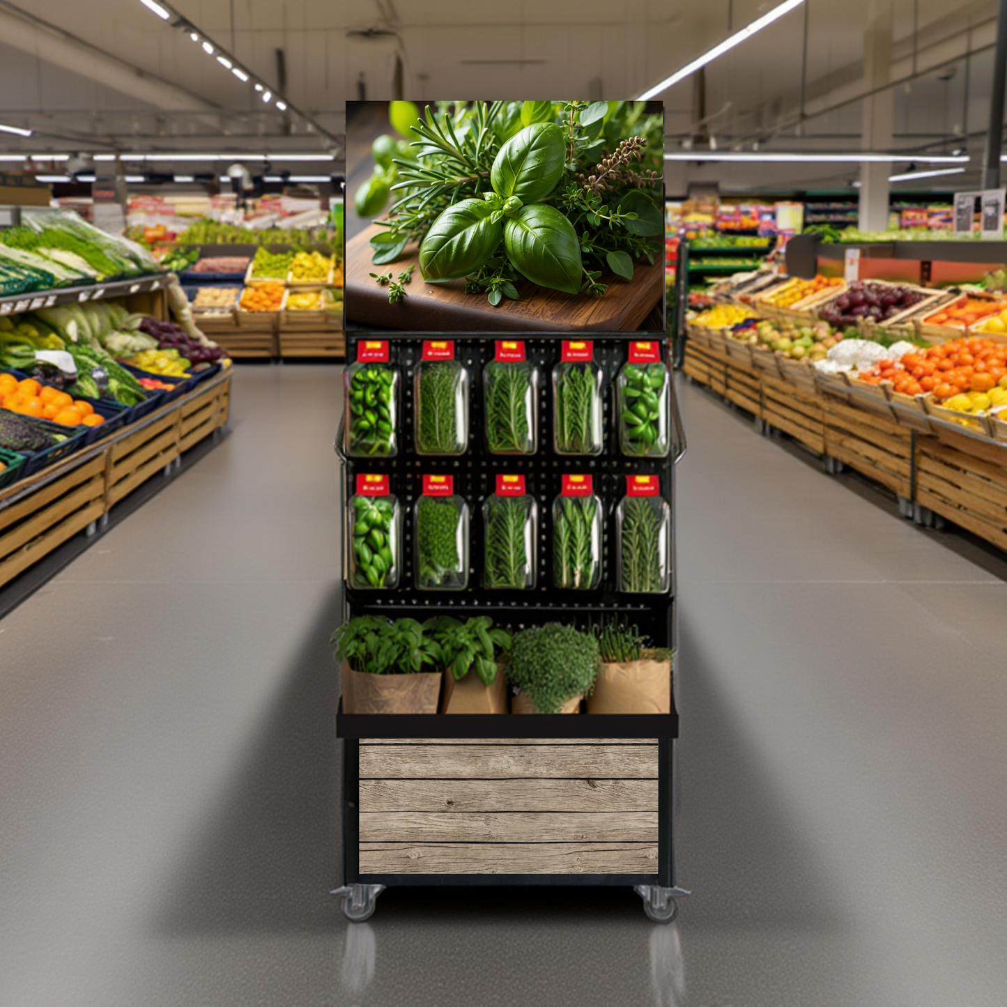 Mobile sales stand Concept, cut and potted herbs for low gondolas
