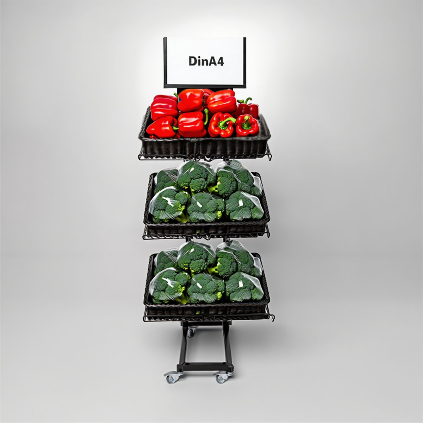 Mobile metal sales stand, 3-tier, fruit and vegetables with rattan baskets