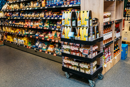 Flex Shelf offen (Set aus 3 Aufsätzen u. 1 Rollwagen)