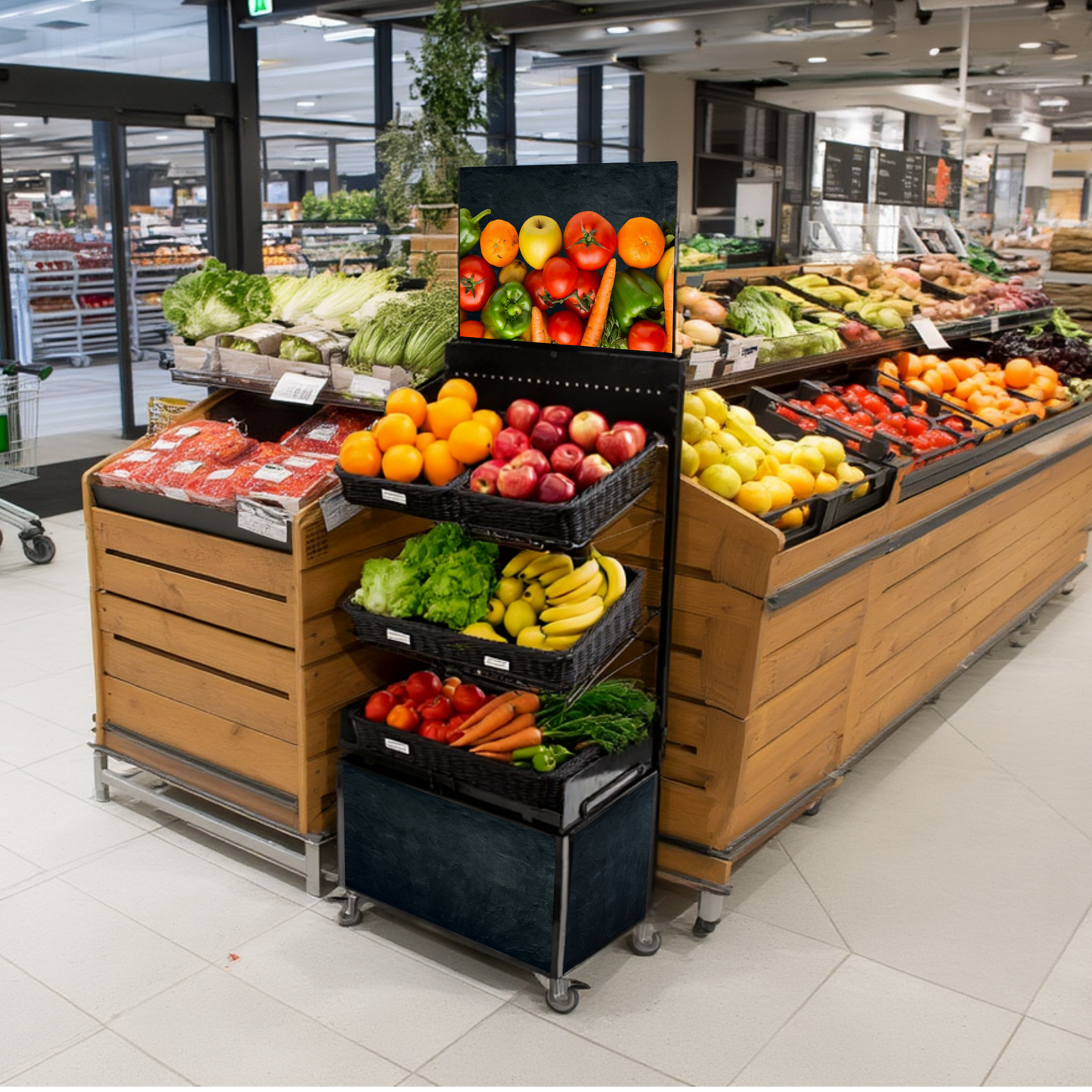 Mobile sales stand Concept Fruit and vegetables with rattan baskets
