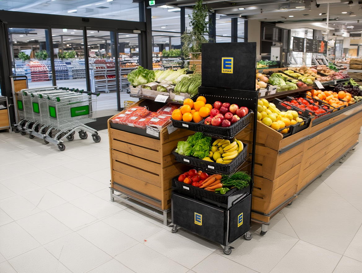 Mobiler Verkaufsständer Concept Edeka Obst und Gemüse mit Rattan Körben