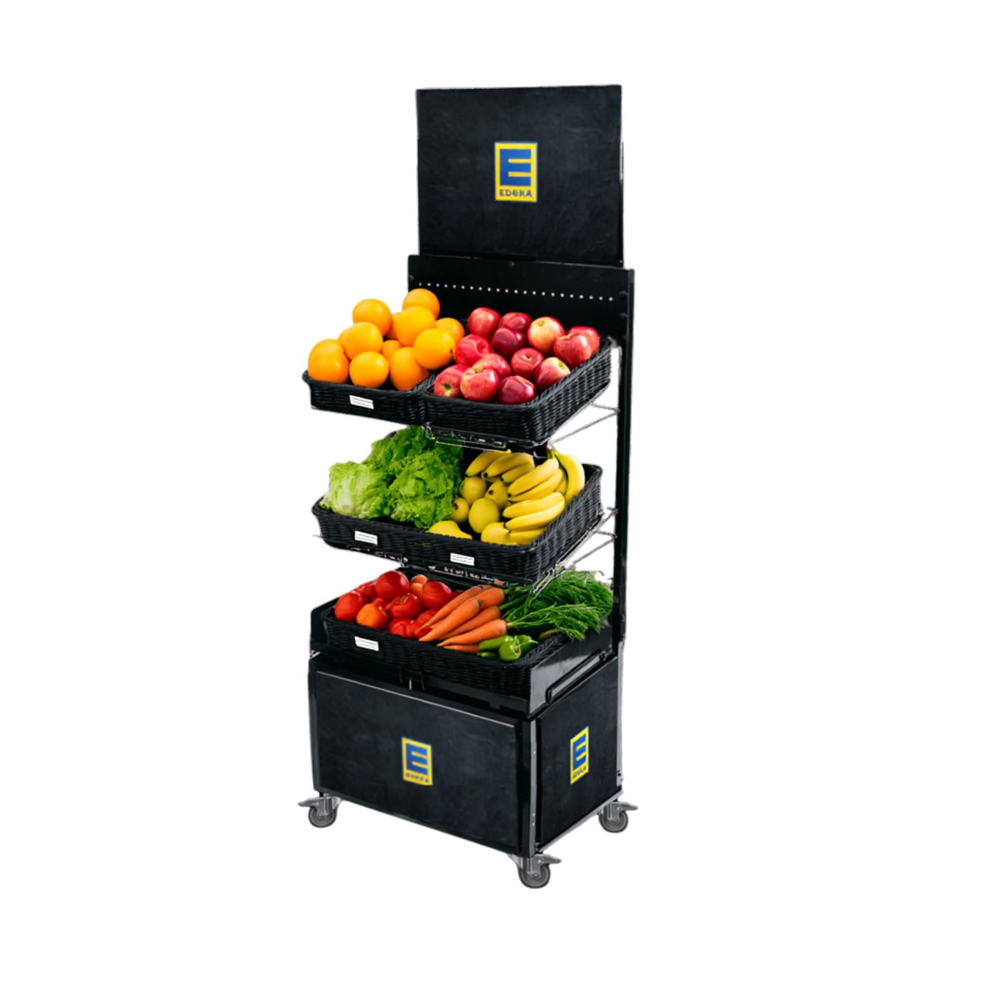 Mobiler Verkaufsständer Concept Edeka Obst und Gemüse mit Rattan Körben