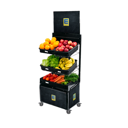 Mobiler Verkaufsständer Concept Edeka Obst und Gemüse mit Rattan Körben