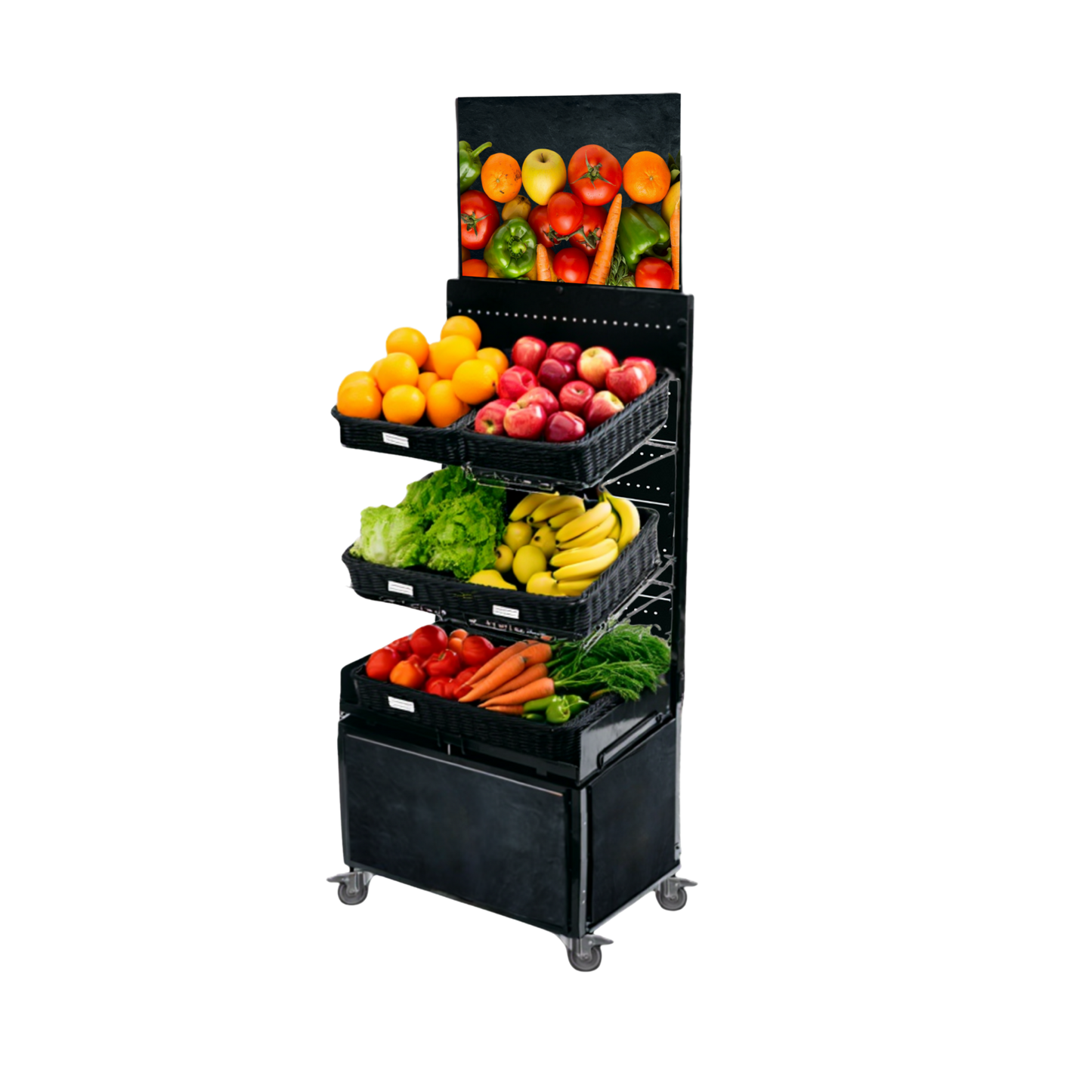 Mobile sales stand Concept Fruit and vegetables with rattan baskets