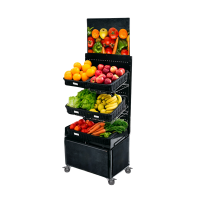 Mobile sales stand Concept Fruit and vegetables with rattan baskets
