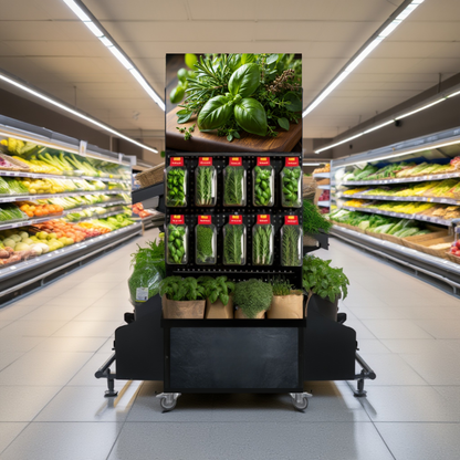 Mobile sales stand Concept, cut and potted herbs for low gondolas