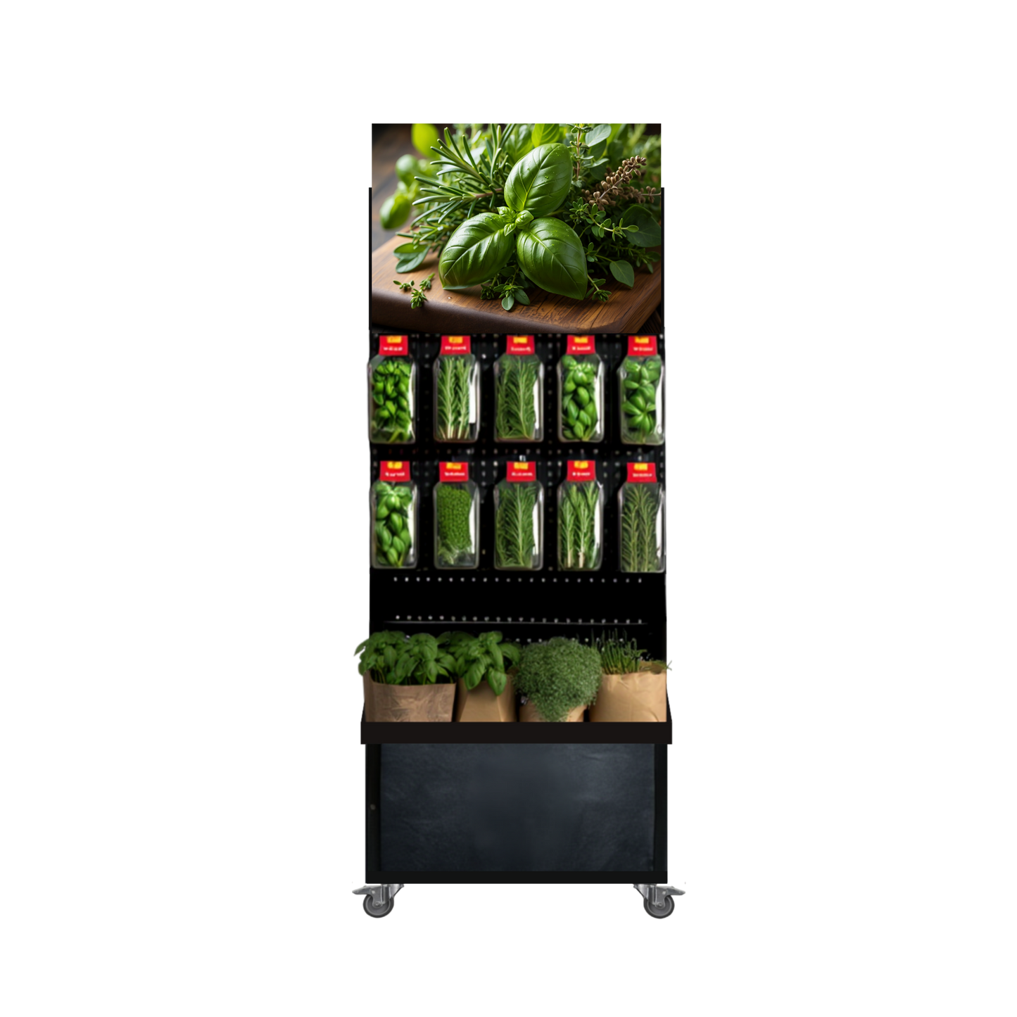 Mobile sales stand Concept, cut and potted herbs